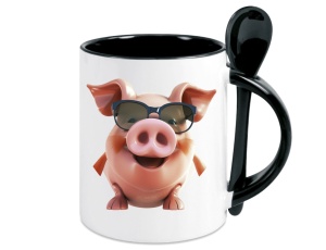 Tasse Schweinchen Brille - mit Löffel